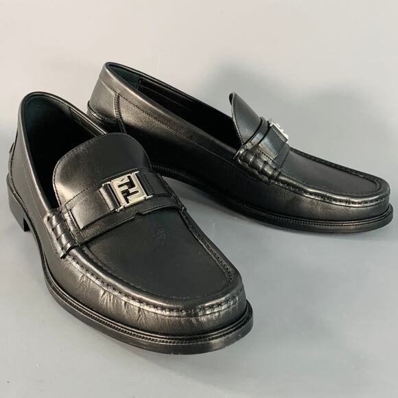 FENDI Size 13 Black Silver Calfskin Leather Monogram Buckle Slip On Loafers - Picture 1 of 11